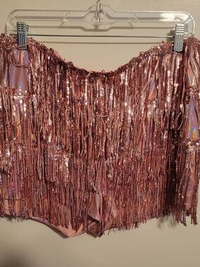 Fashion Nova Rose Gold Sequin Fringe Mini Shorts